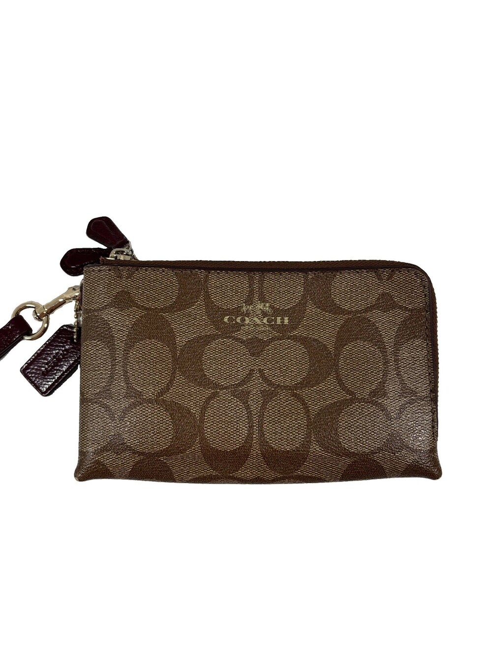 Coach Double Corner Zip Wristlet In Signature Coated Canvas Brown Magenta
